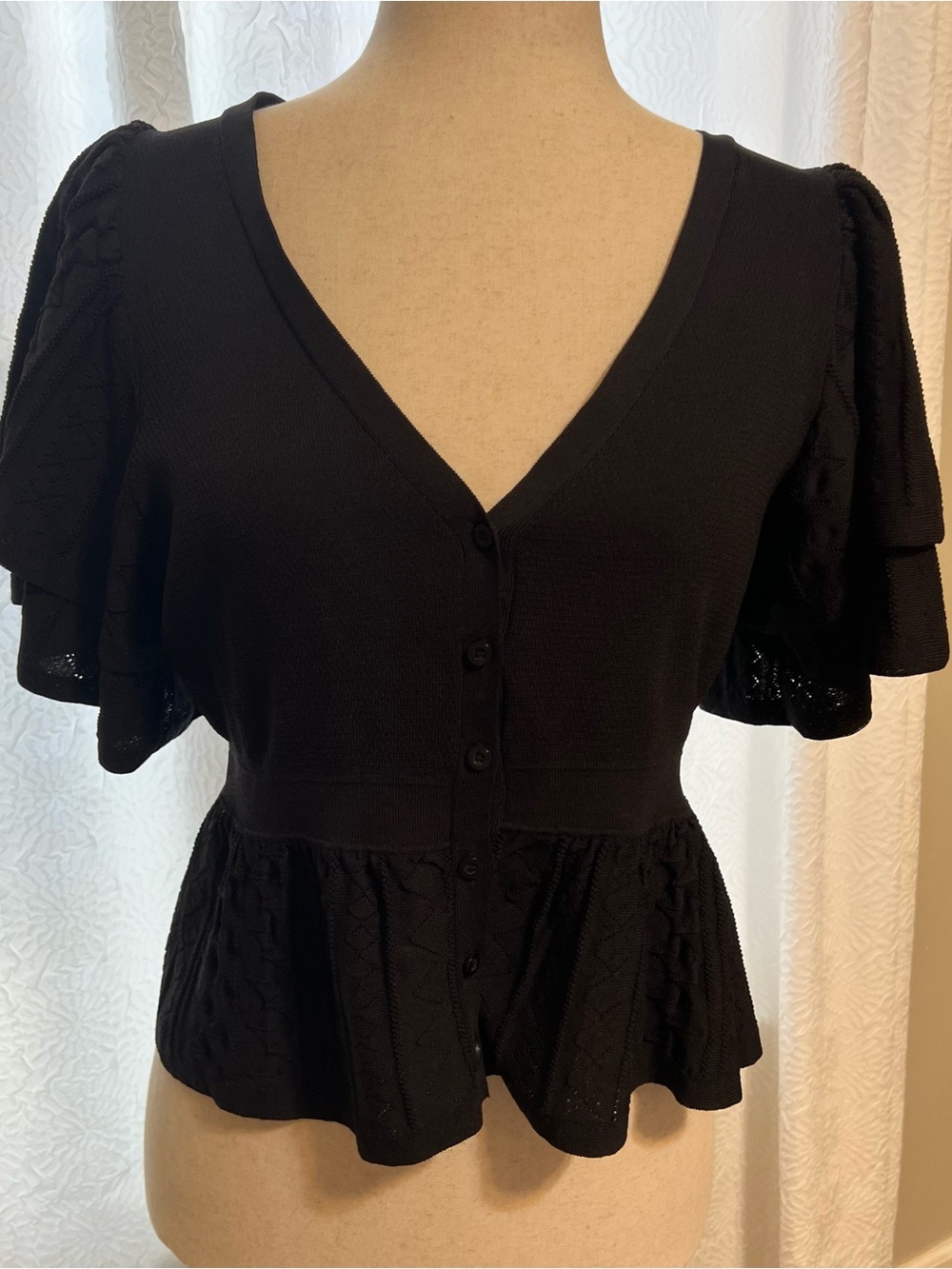 Black Button-Front V-Neck Peplum Top NWT